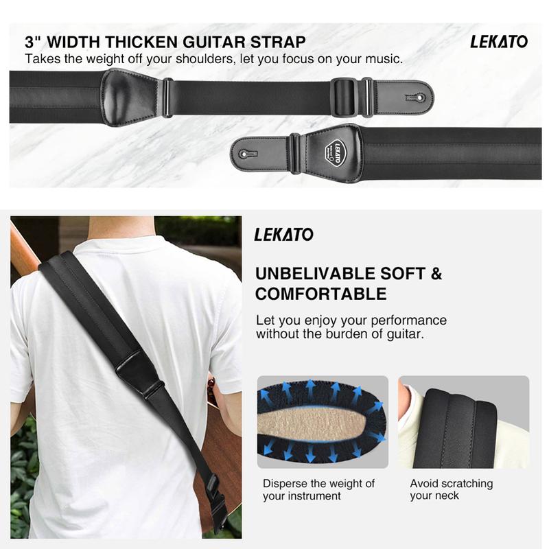 LEKATO LGS-2 Adjustable Padded Guitar Strap w  6 Picks & 2 Safety Strap Locks Set, Nylon Memory Foam, With Pick Holder, Comfortable For Back & Shoulder, 3