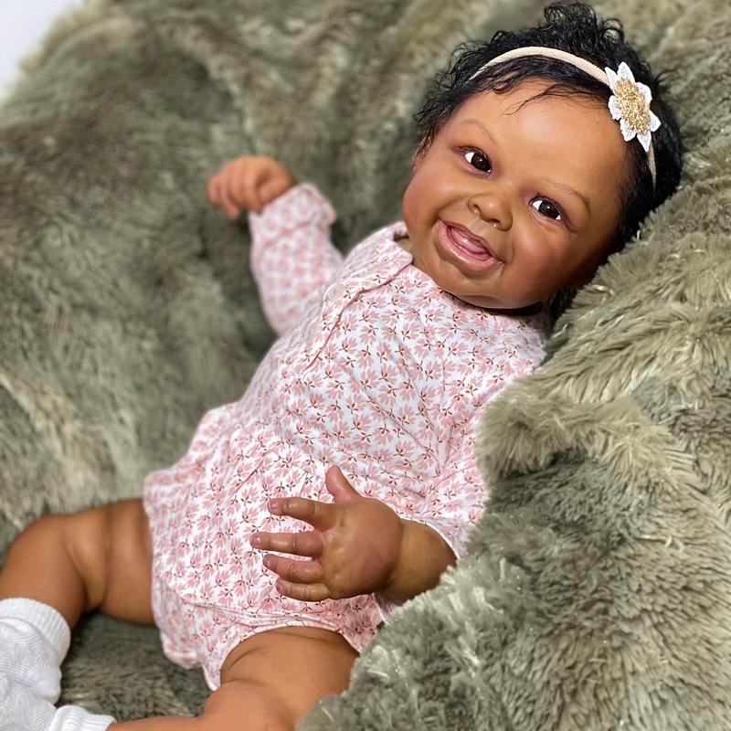 Reborn Baby Doll - Dark 3D skin Realistic Baby doll - Hand planted black curls - Reborn Baby Toy 20 inches  50 cm suitable for children's birthday Christmas gifts