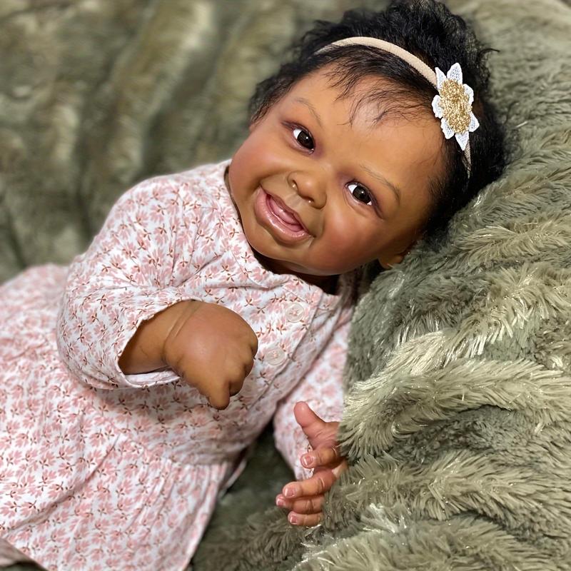 Reborn Baby Doll - Dark 3D skin Realistic Baby doll - Hand planted black curls - Reborn Baby Toy 20 inches  50 cm suitable for children's birthday Christmas gifts