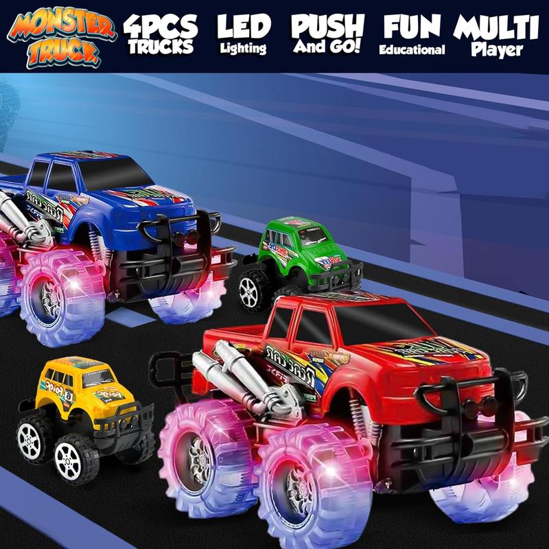 Christmas gift   4 Pack Light Up Monster Truck Car Toy with LED Tires, Best Birthday, for Boys and Girls Ages 3+, Push n Go & Pull n Go Cars, Race Truck Toy