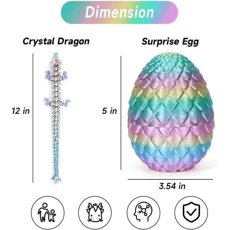 3D Printed Dragon Egg, Mystery Crystal Dragon Egg Fidget Toys Surprise, Easter Eggs Articulated Crystal Dragon Eggs with Dragon Inside (Rainbow Color)