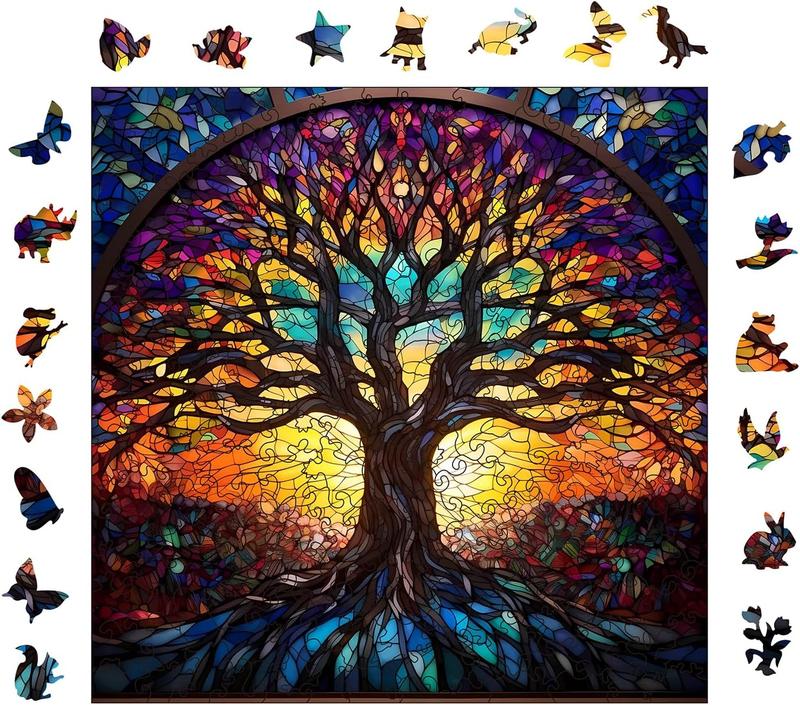 Wooden Puzzle for Adults, Stained Glass Puzzle, 200 count Irregular Animal Shaped Wooden Jigsaw Puzzles, Unique Puzzles for Adults, Creative Gift for Teenagers and Adults (Square-Tree)