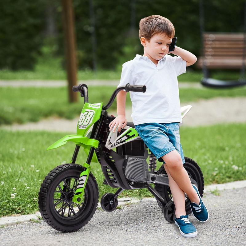 Kids Dirt Bike with Twist Grip Throttle, 12V Electric Motorcycle, Electric Bike for Toddler with Training Wheels, Rear Suspension & Music for Ages 3-6 Years, Green