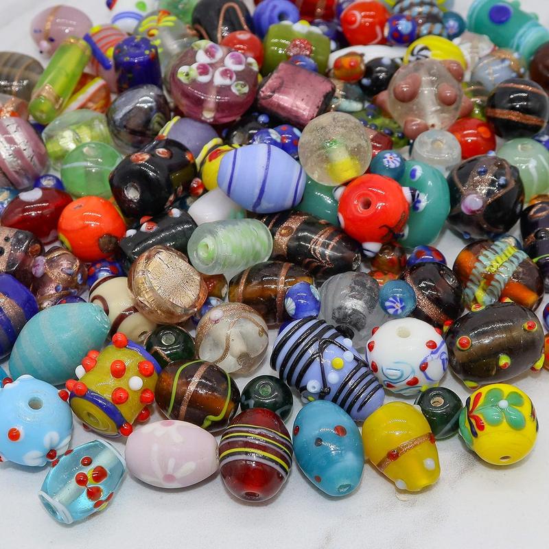 100 Assorted Glass Beads for Jewelry Making Adults, Bulk Glass Beads for Crafts, Lampwork Murano