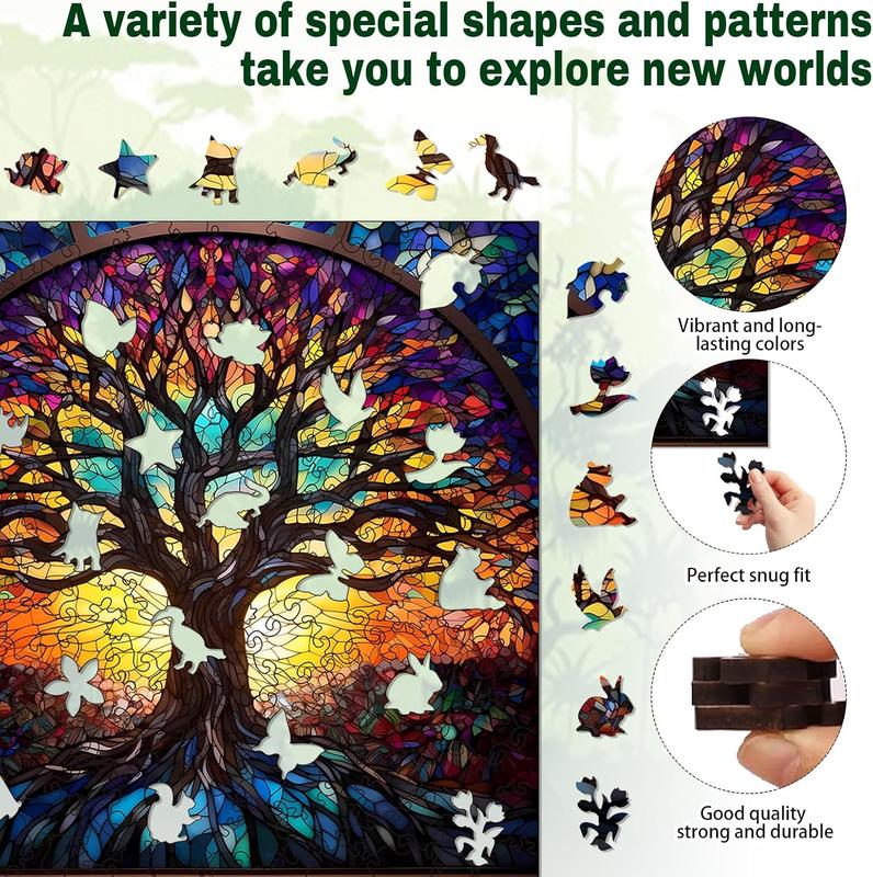 Wooden Puzzle for Adults, Stained Glass Puzzle, 200 count Irregular Animal Shaped Wooden Jigsaw Puzzles, Unique Puzzles for Adults, Creative Gift for Teenagers and Adults (Square-Tree)