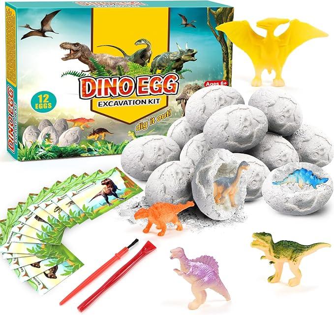 Dino Eggs Dig Kit, 12 Pack Dinosaur Eggs Excavation Set, Easter Gift Dinosaur Toys Science Experiments Kits with 12 Cards, Easter Basket Stuffers Toys for 3 4 5 6 7 8 9 10 11 Year Old Boys Girl