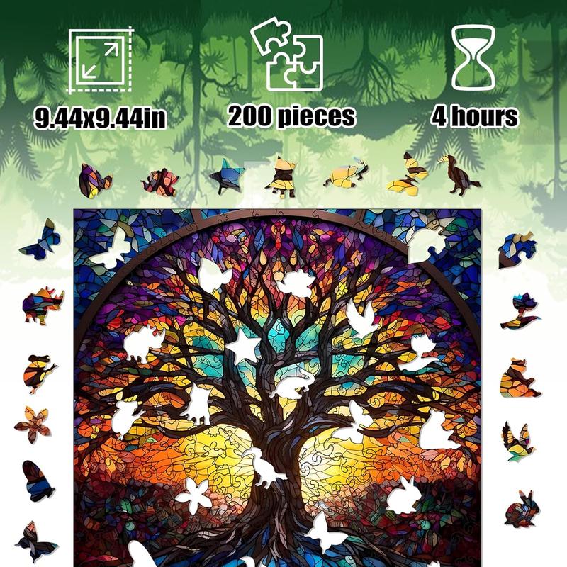 Wooden Puzzle for Adults, Stained Glass Puzzle, 200 count Irregular Animal Shaped Wooden Jigsaw Puzzles, Unique Puzzles for Adults, Creative Gift for Teenagers and Adults (Square-Tree)