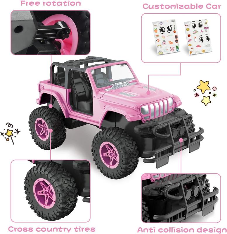 Pink RC Cars 1:16 Scale with DIY Sticker, Remote Control Car for Girls, 80 Min Play 2.4Ghz Jeep RC Trucks,Little Girl Toys Gifts for 4-5 6-7 8-10 Years Old