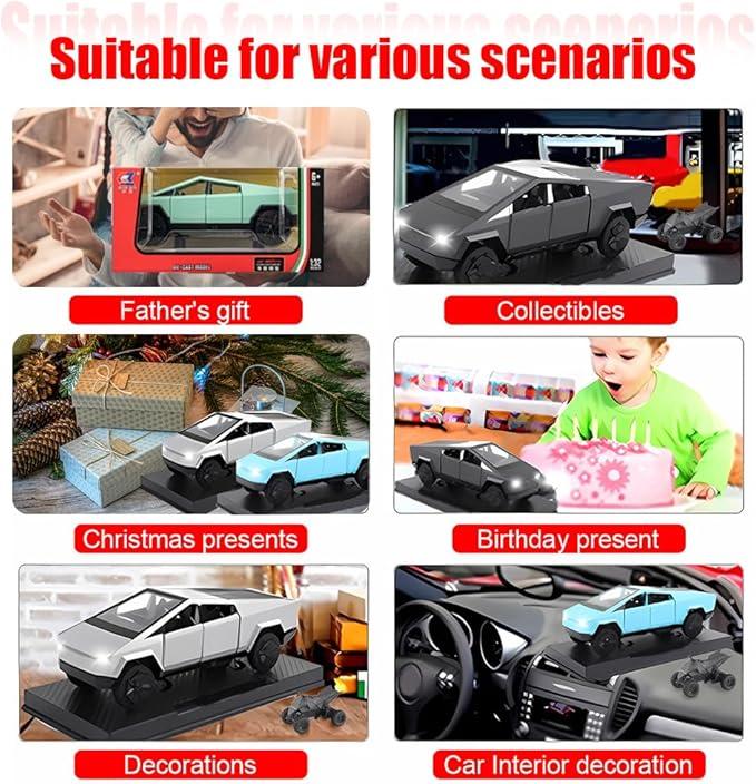 1:32 Tesla Cybertruck Mars Pickup Model Toy with Lights, Sound Effects, and Realistic Design with a Cyberquad– Ideal for Kids and Car Collectors