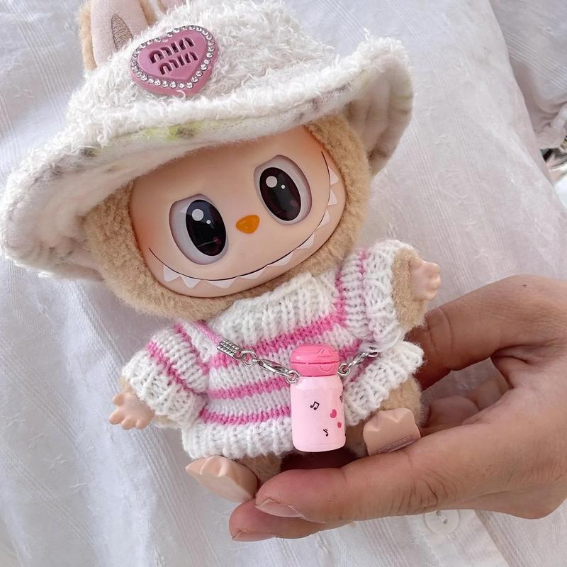 (No Doll) Mini Doll'S Clothes Outfit Accessories For Korea Labubu V1 V2 Idol Sitting Party Pink And White Striped Sweater Cup Clothing