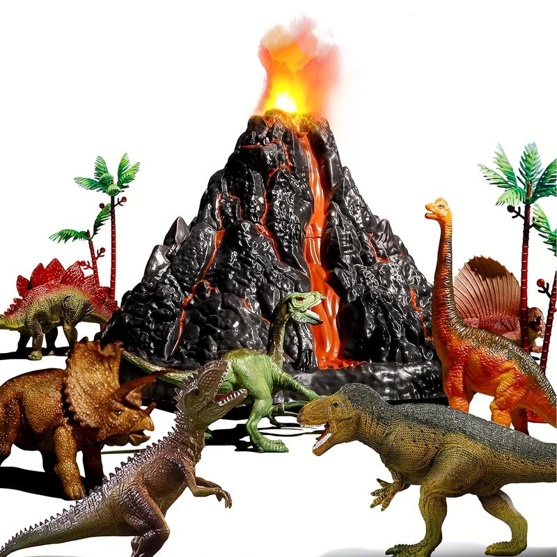 Large Volcano Set With 9 Realistic Dinosaur Action Figures For Kids 3 4 5 6 7 Years, Simulated Volcanic Eruptions W Sounds, Volcano Can Store Dinos, Gift For Boys And Girls