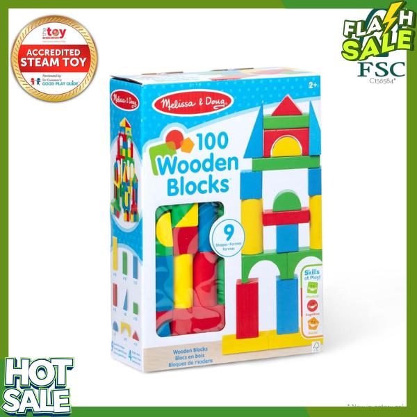 Melissa & Doug Wooden Building Blocks Set - 100 Blocks in 4 Colors and 9 Shapes