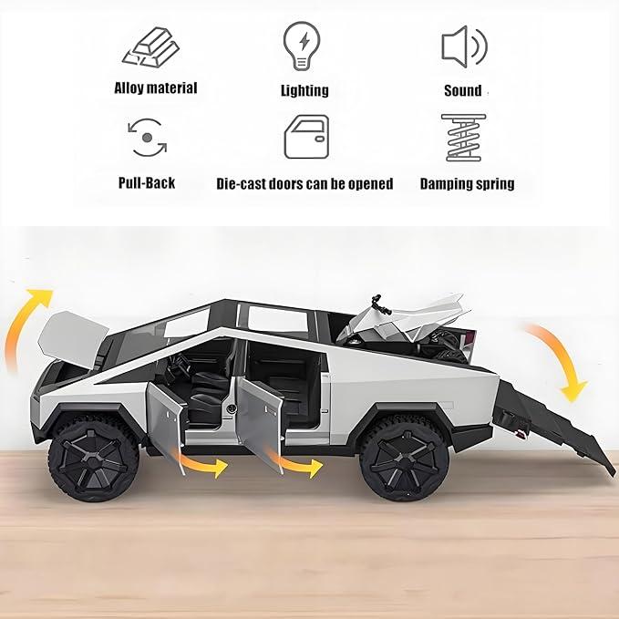 1:32 Tesla Cybertruck Mars Pickup Model Toy with Lights, Sound Effects, and Realistic Design with a Cyberquad– Ideal for Kids and Car Collectors