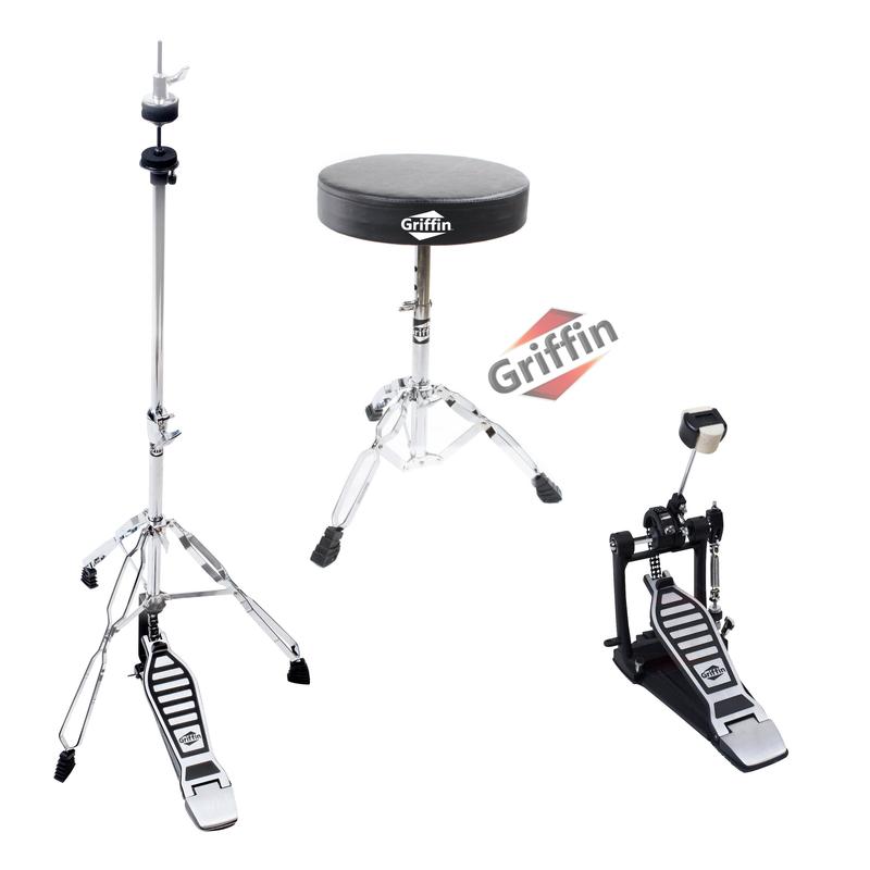 3 PACK GRIFFIN Drum Hardware Set - Bass Drum Kick Pedal, Drummers Throne Seat & Hi-Hat Cymbal Stand | Deluxe Chrome Slip-Proof Gear Holder Percussion Set for Mounting Crash, Ride & Splash Cymbals