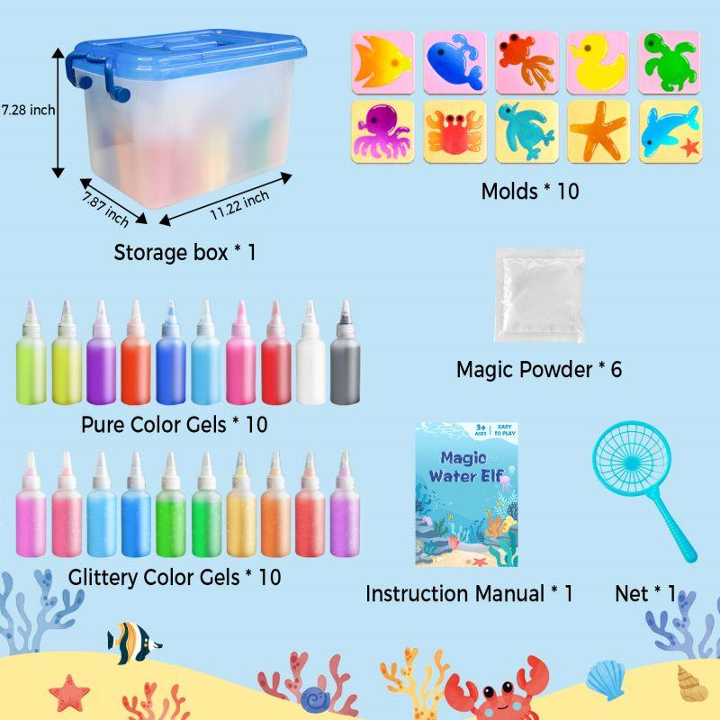 Magic Water Elf Toy Kit - Aqua Elves Water Gel Kit - 20 Colors Magic Water Fairy Gel 10 Molds Squishy Maker - Christmas Party Favor Birthday Aqua Art DIY STEM Gifts for Kids