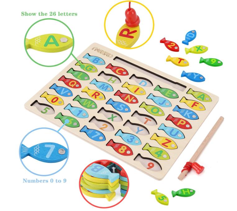 Magnetic Wooden Fishing Game Toy for Toddlers, Alphabet Fish Catching Counting Games Puzzle with Numbers and Letters, Preschool Learning ABC