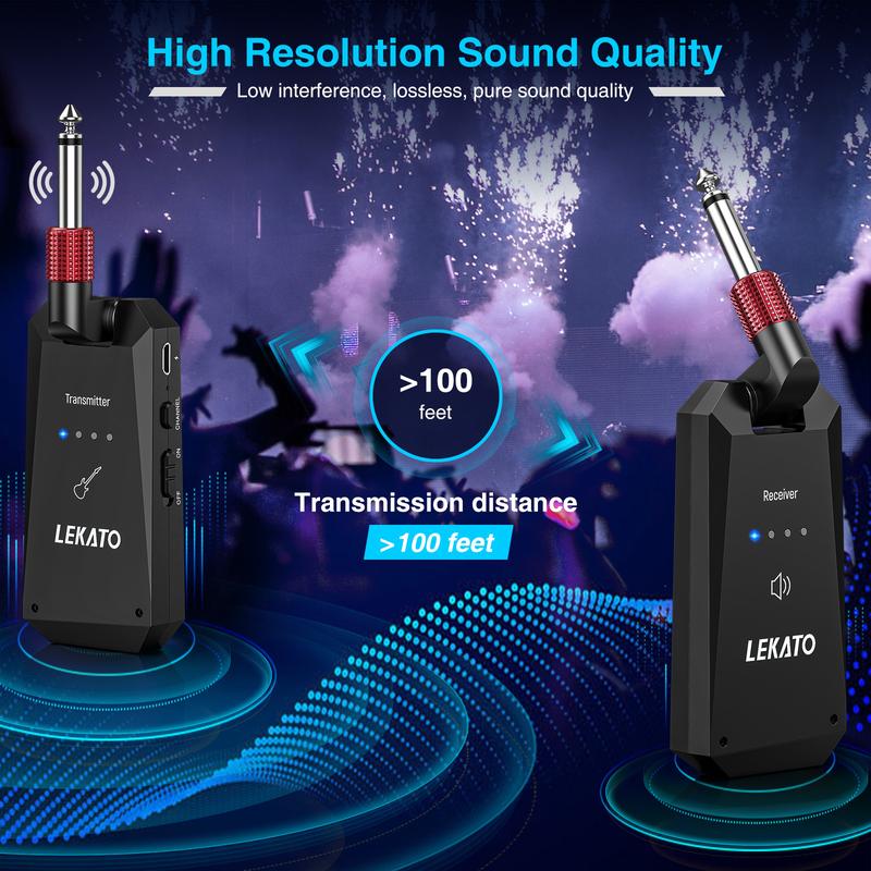 LEKATO WS-90 5.8GHz Rechargeable Wireless Guitar System, 4 Channels Wireless Guitar Transmitter Receiver, 8H Working Time,  Guitar Wireless System for Electric Guitar Bass, Music Lovers Boys Girls Friends Gift