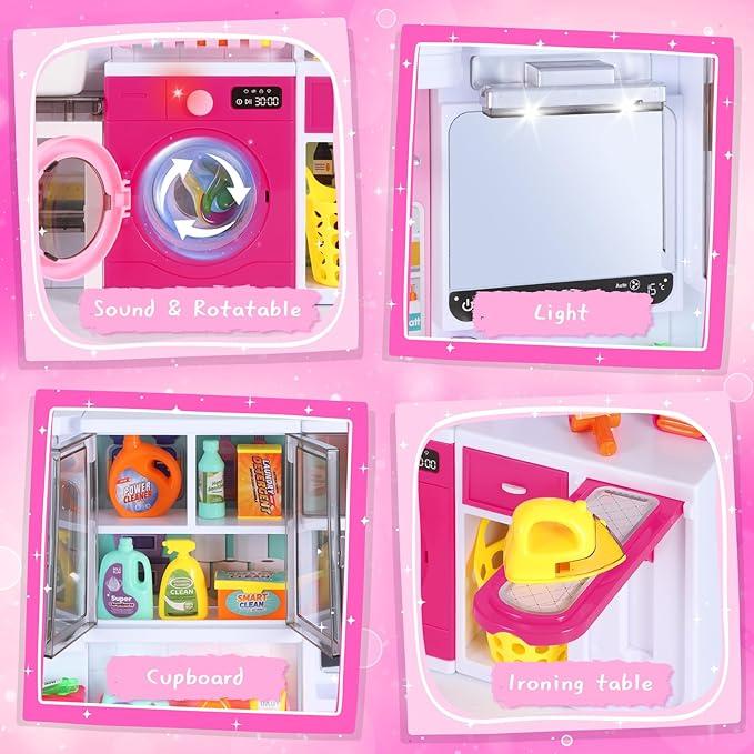 NEOBIOO  Mini Bathroom Play Set, Doll Bath Toys with Lights and Sounds, Dressing Table,  Bathroom Accessories, Gifts for Girls Over 3 Years Old