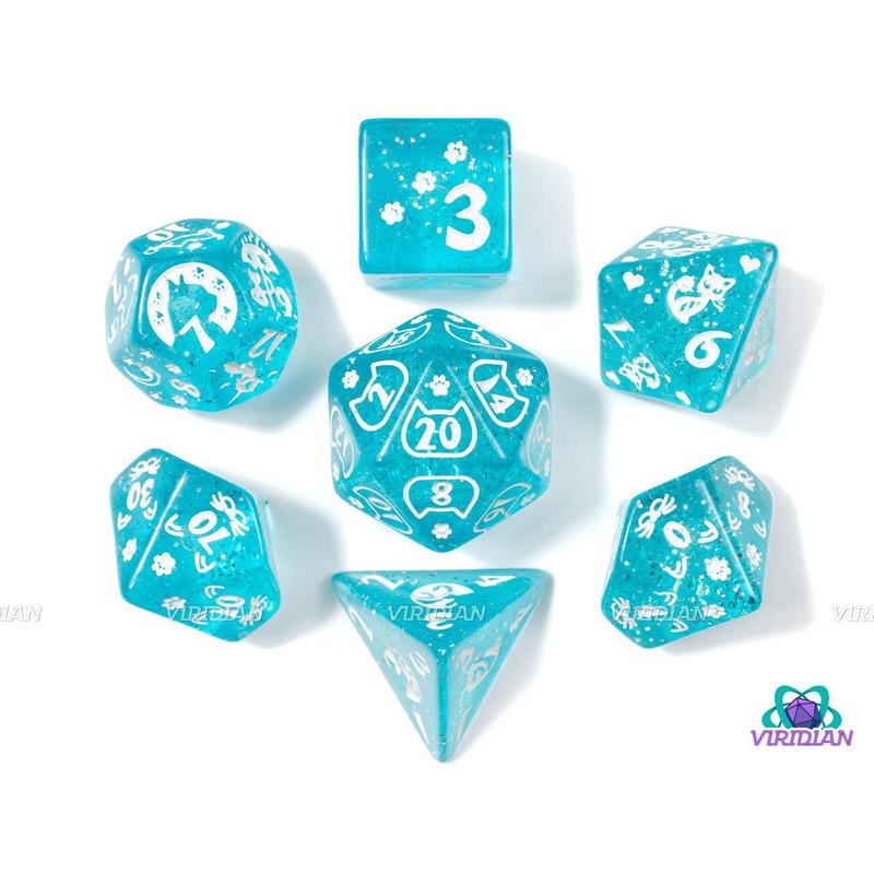 Cyan Kitty | Translucent Blue, White Ink, Cat Themed | Acrylic Dice Set (7)