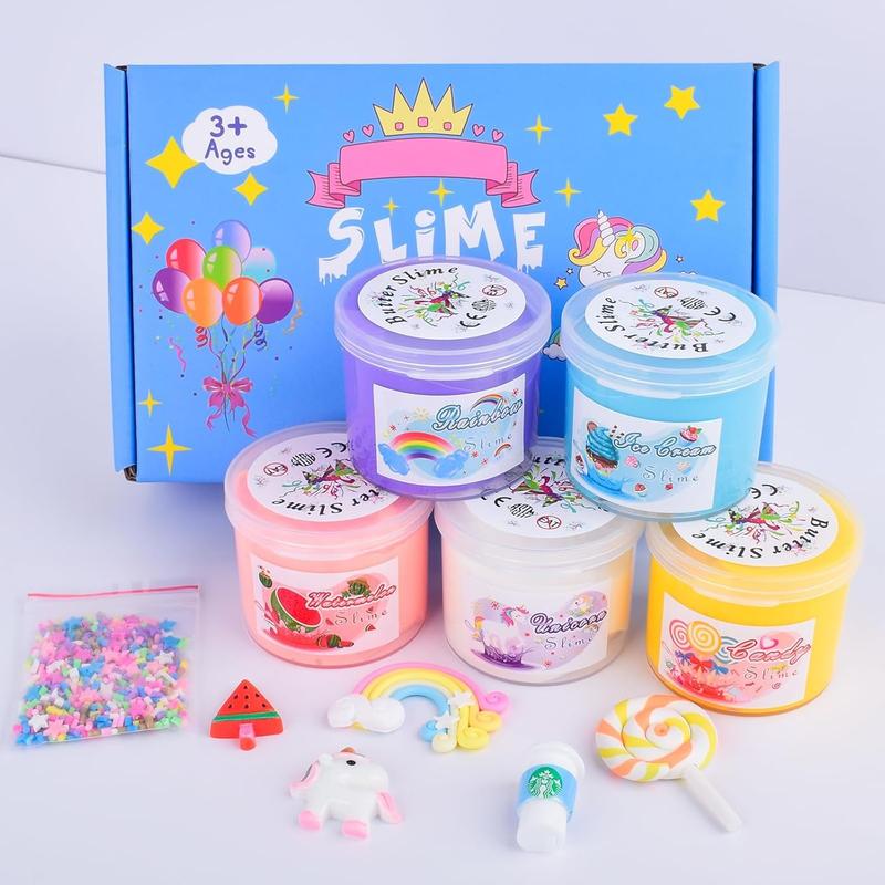 5 Pack Butter Slime Kit, with Fun Slime Add Ins, Soft Non-Sticky, Stress Relief Toy, Birthday Gifts for Kids, Classroom Rewards, DIY Butter Slime Party Favor for Girls & Boys