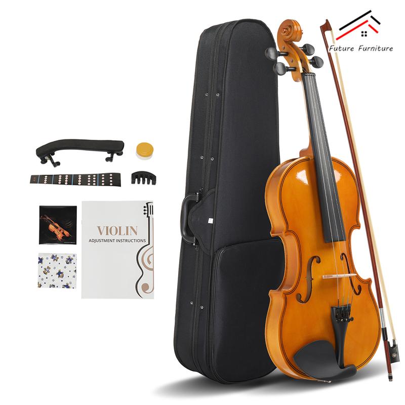 4 4 Natural Acoustic Violin Set for Adults Beginners Students with Hard Case, Bow, Shoulder Rest, Rosin, Extra Strings and Sordine