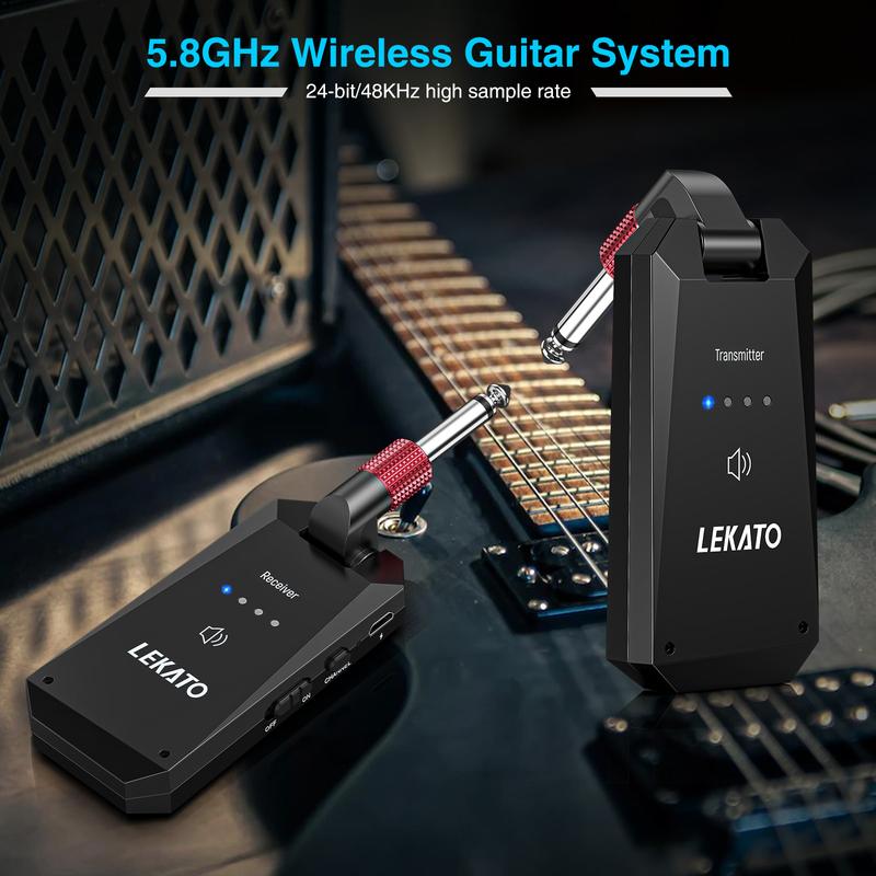 LEKATO WS-90 5.8GHz Rechargeable Wireless Guitar System, 4 Channels Wireless Guitar Transmitter Receiver, 8H Working Time,  Guitar Wireless System for Electric Guitar Bass, Music Lovers Boys Girls Friends Gift