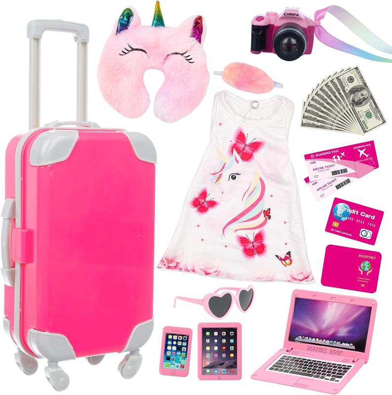 18 Inch Girl Doll Clothes Accessories Travel Play Set Including Suitcase Luggage, Unicorn Dress, Sunglasses, Camera, Computer, Phone, Ipad,Travel Pillow fit 18 Inch Doll