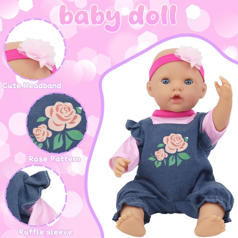 Baby Doll Backpack for 16-18 Inch Dolls ,Baby Doll Playset Included Baby Doll Diaper Carrier Bag,Doll Clothes Sets,Headbands,Diapers,Feeding Bottle,Nipple (No Doll)