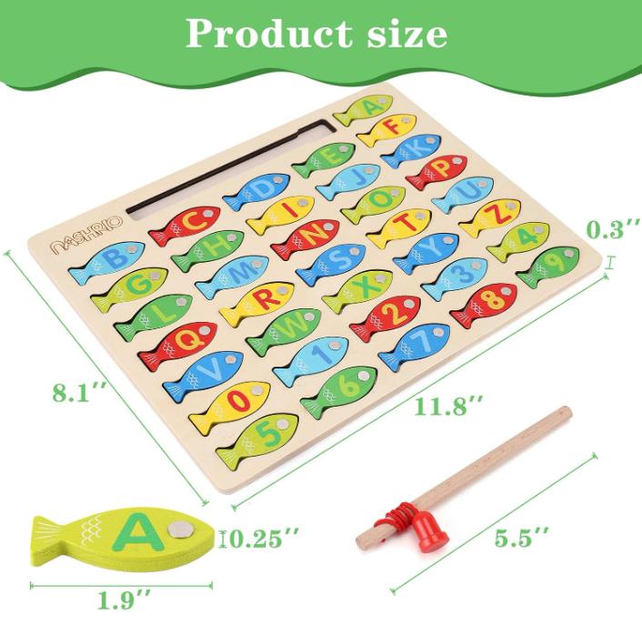 Magnetic Wooden Fishing Game Toy for Toddlers, Alphabet Fish Catching Counting Games Puzzle with Numbers and Letters, Preschool Learning ABC