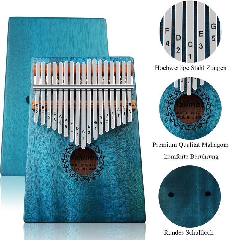 FLSEPAMB Kalimba 17 Key Thumb Piano with Mahogany Wood Portable Mbira Finger Piano Gifts for Kids and Piano Beginners Professional (Blue)