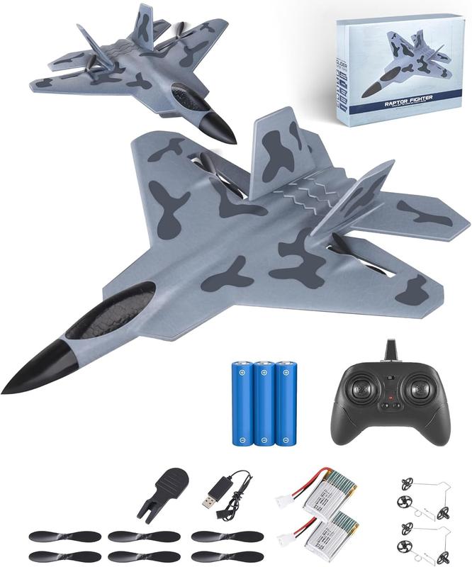 RC Plane Toys for Boys and Adults: F22 Raptor Jet Airplane Model for Hobby Beginners with 2.4GHz Remote Control, RC Glider Fighter Army Toys for Kids Teens 8 10 12, Grey