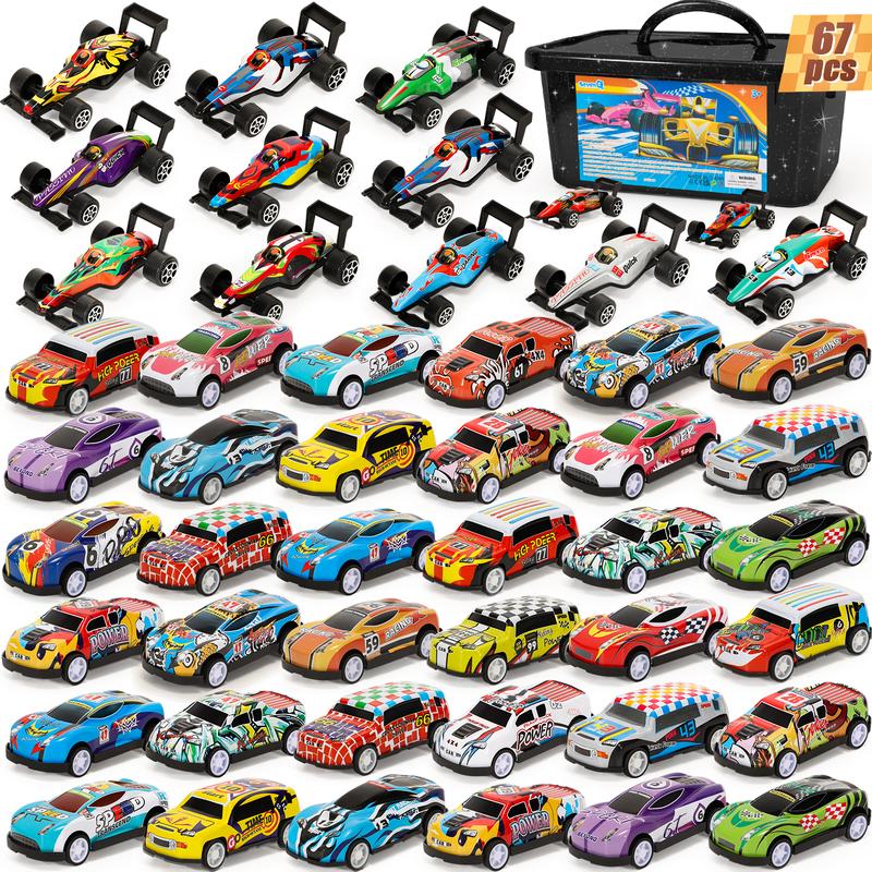 67Pcs Toy Cars with Storage Box, Pull Back Cars Race Cars Bulk, Treasure Box Toys for Classroom Goodie Bag Stocking Stuffers Party Favors