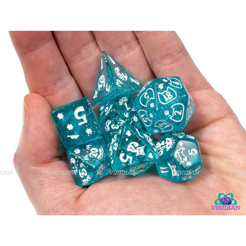 Cyan Kitty | Translucent Blue, White Ink, Cat Themed | Acrylic Dice Set (7)