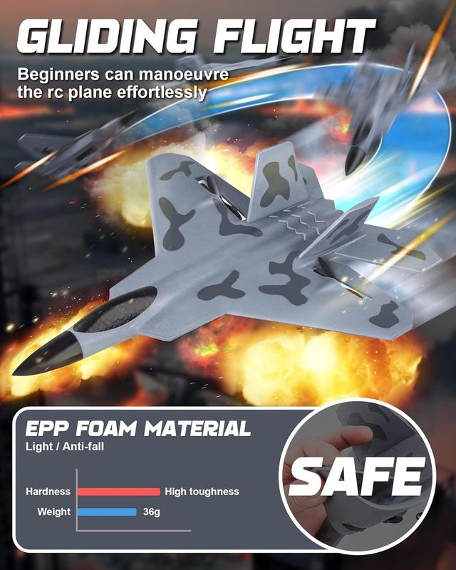 RC Plane Toys for Boys and Adults: F22 Raptor Jet Airplane Model for Hobby Beginners with 2.4GHz Remote Control, RC Glider Fighter Army Toys for Kids Teens 8 10 12, Grey