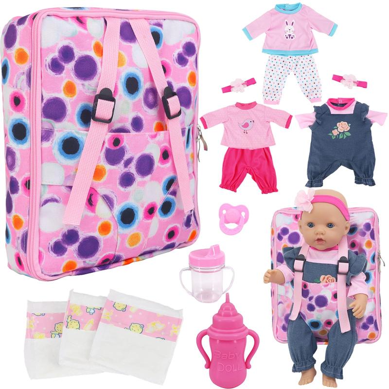 Baby Doll Backpack for 16-18 Inch Dolls ,Baby Doll Playset Included Baby Doll Diaper Carrier Bag,Doll Clothes Sets,Headbands,Diapers,Feeding Bottle,Nipple (No Doll)