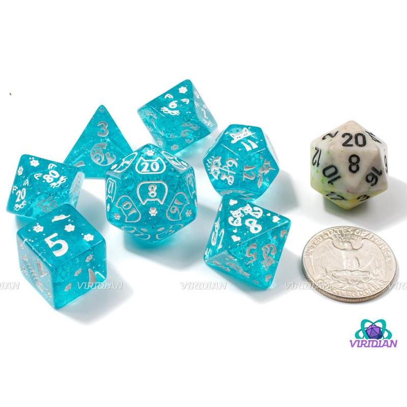 Cyan Kitty | Translucent Blue, White Ink, Cat Themed | Acrylic Dice Set (7)