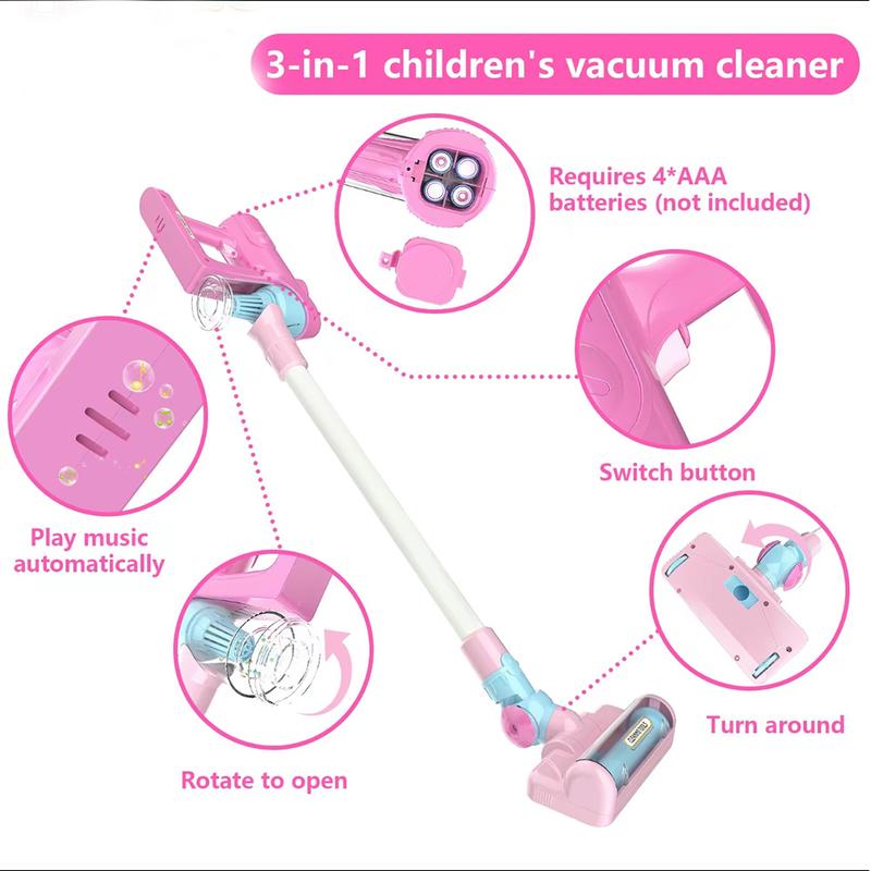 3 in 1 Household Kids Cartoon Vacuum Cleaner,Articles  for Nurturing Children's Interest in Imitating Cleaning and Performing Laborfor Children 3+.Toddler Toy Vacuum Cleaner, Cleaning Set for Ages 3+ ,With Music, Lights ，pink christmas decorations