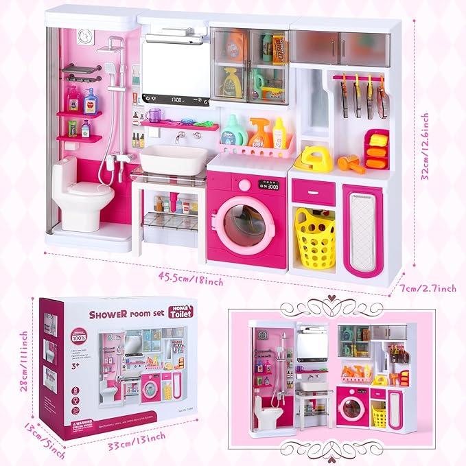 NEOBIOO  Mini Bathroom Play Set, Doll Bath Toys with Lights and Sounds, Dressing Table,  Bathroom Accessories, Gifts for Girls Over 3 Years Old