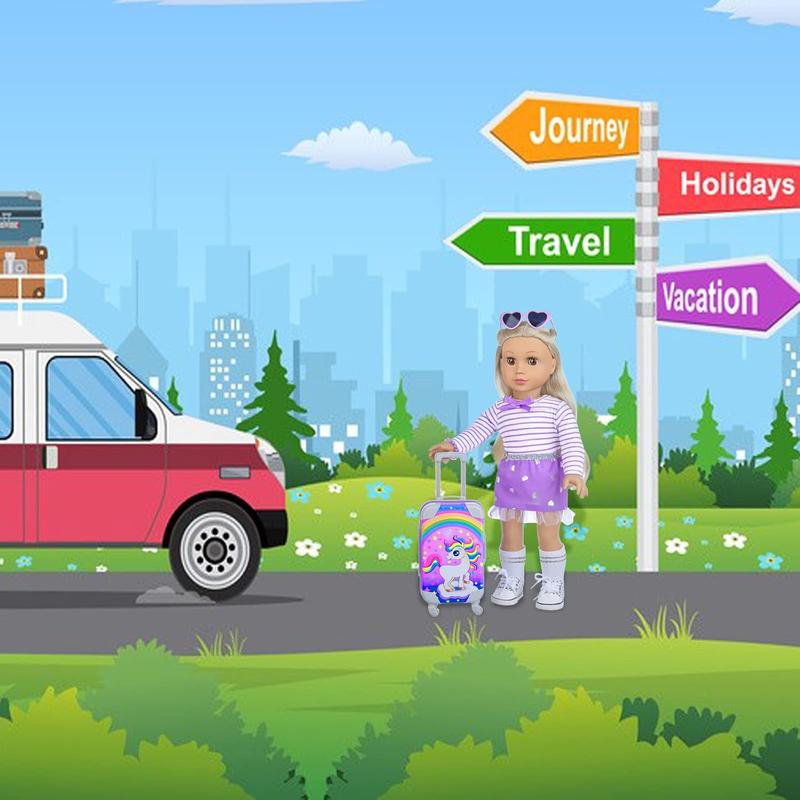 DONTNO 29 Pcs American Doll Clothes and Accessories, Cute Travel Play Set fit 18 Inch Doll with Purple Clothes Suit, Unicorn Suitcase, Handbag, Lipstick, Camera, Sunglasses for Kids