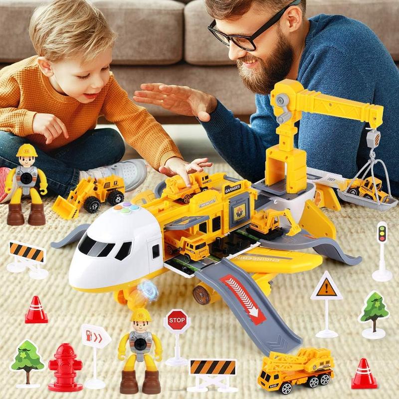 25 Pack Transport Construction Airplane Toy Play Vehicles Set for Kids Gifts, with 6 Construction Die-cast Toy Truck, 11 Road Signs-Suitable for 3 4 5 6 Year Old Boys and Girls