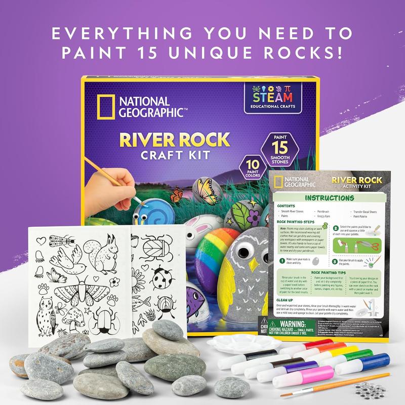 NATIONAL GEOGRAPHIC Rock Painting Kit - Arts and Crafts Kit for Kids, Paint & Decorate 15 River Rocks with 10 Paint Colors & More Art Supplies, Outdoor Toys for Girls and Boys ( Exclusive)