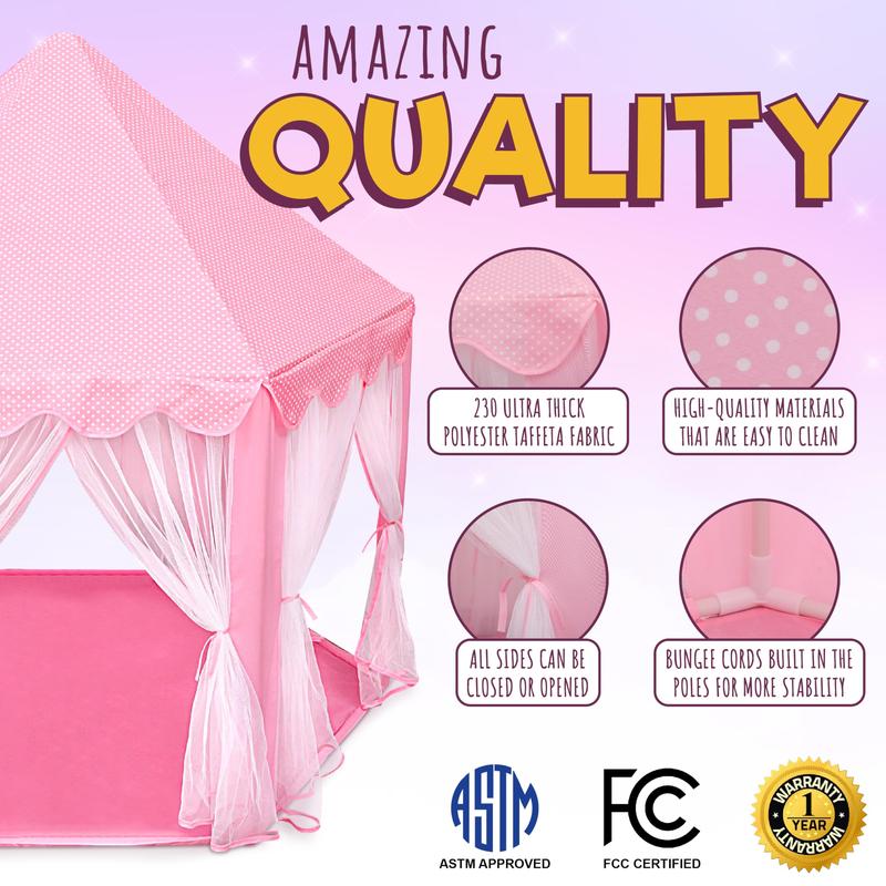 Princess Castle Playhouse Tent for Girls with LED Star Lights – Indoor & Outdoor Large Kids Play Tent for Imaginative Games – ASTM Certified, 230 Polyester Taffeta. Pink 55