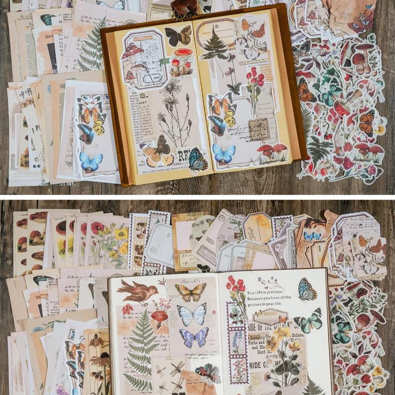 Vintage Scrapbook Sticker, 200pcs set Botanical Paper Sticker, Craft Kit for Junk Journal Bullet Journals Planners, Aesthetic Cottagecore Collage Album