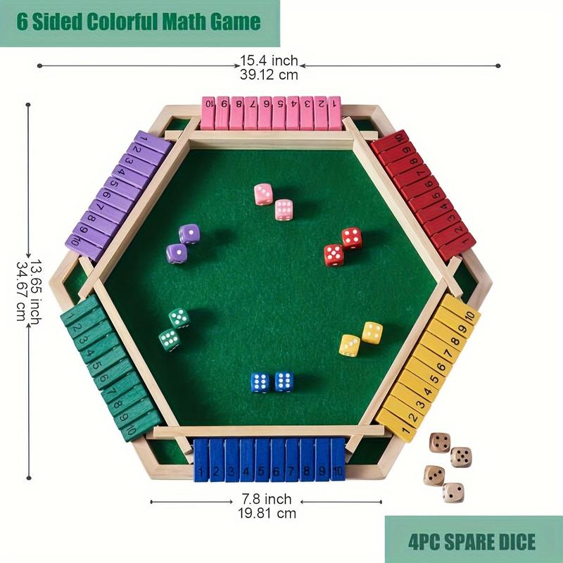 Shut The Box Game For 6 Player With 12+4 Dice - Colorful 6 Sided Wooden Board Math Number Games For Adults Families Party Club