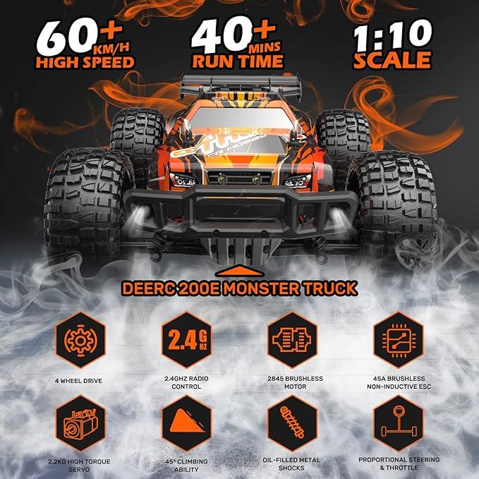 DEERC 200E 1:10 Large 3S Brushless High Speed RC Cars for Adults, 4X4 Fast RC Trucks W Extra Shell LED Headlight, 60 KM H, All Terrain Remote Control Car, Offroad Monster Truck for Boys,2 Battery