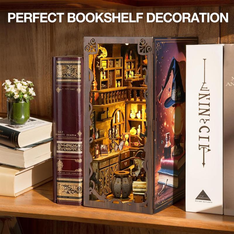 Book Nook Kit, DIY Miniature House Kit with Dust Cover LED Light 3D Wooden Puzzle Bookends Crafts Bookshelf Decoration Gift for Adults and Teens (Magic Night)