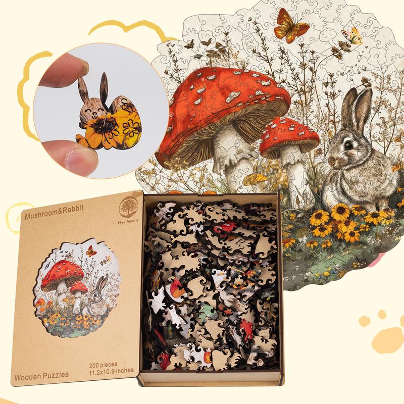 Rabbit & Mushroom Mys Aurora Wooden Jigsaw Puzzle 80 200 300 500 Pcs Unique Shape Wood Box Packing Creative Gift for Adults and Kids Fun Challenging Family Game for Parents Grandparents Brainstorm