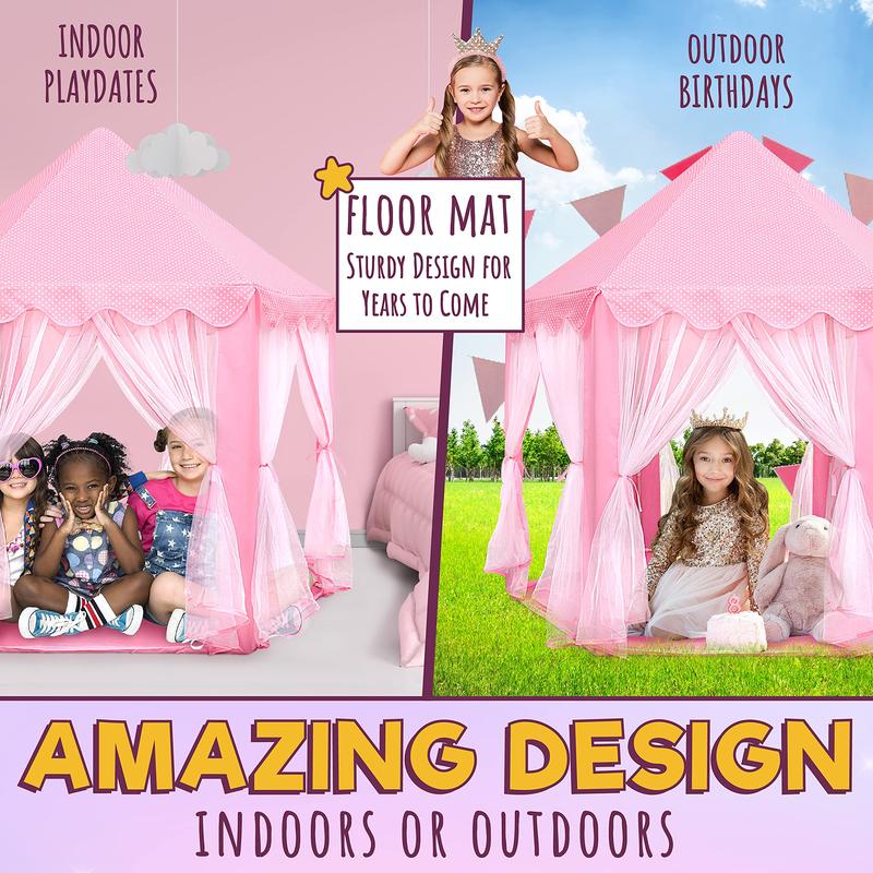 Princess Castle Playhouse Tent for Girls with LED Star Lights – Indoor & Outdoor Large Kids Play Tent for Imaginative Games – ASTM Certified, 230 Polyester Taffeta. Pink 55