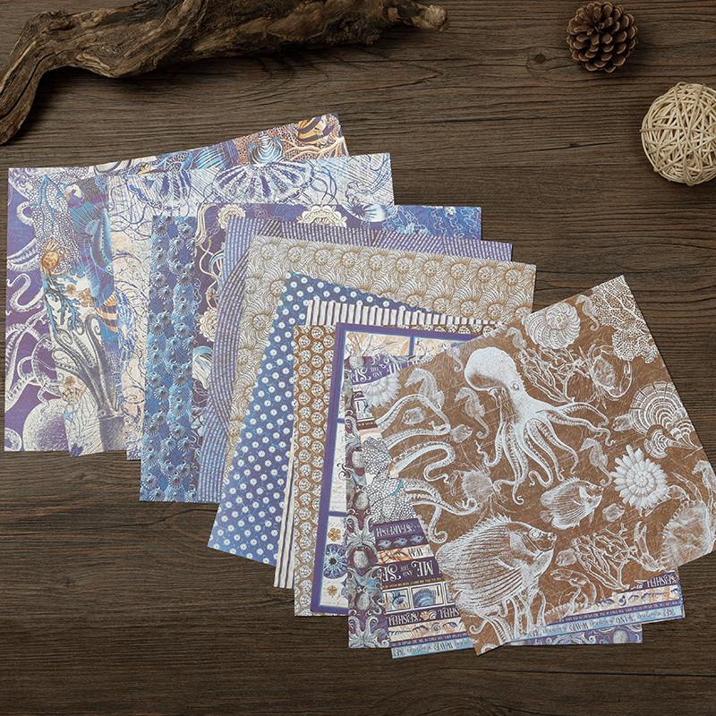 16sheets Marine Life Themed Vintage Material Paper, Retro Handbook Background Paper, DIY Decoration For Scrapbooking & Journal Making