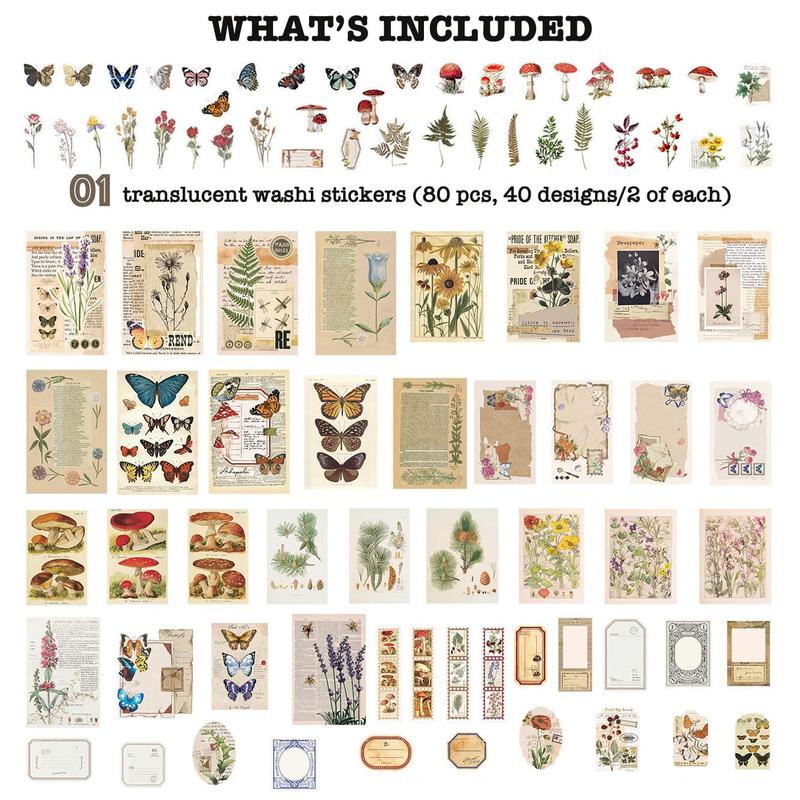 Vintage Scrapbook Sticker, 200pcs set Botanical Paper Sticker, Craft Kit for Junk Journal Bullet Journals Planners, Aesthetic Cottagecore Collage Album